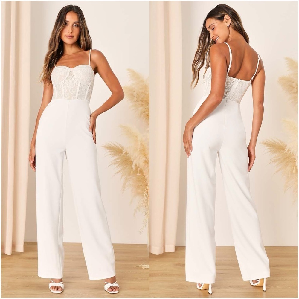 LULU’S Eloquently Enticing White and Beige Lace Bustier Jumpsuit